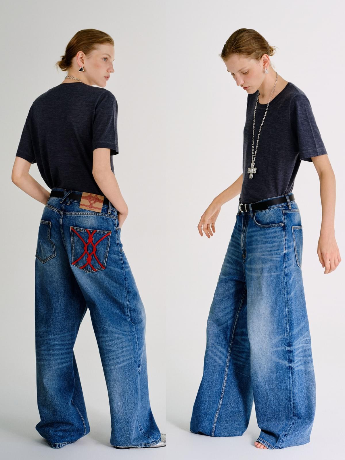Blue washed hemp rope embroidered jeans