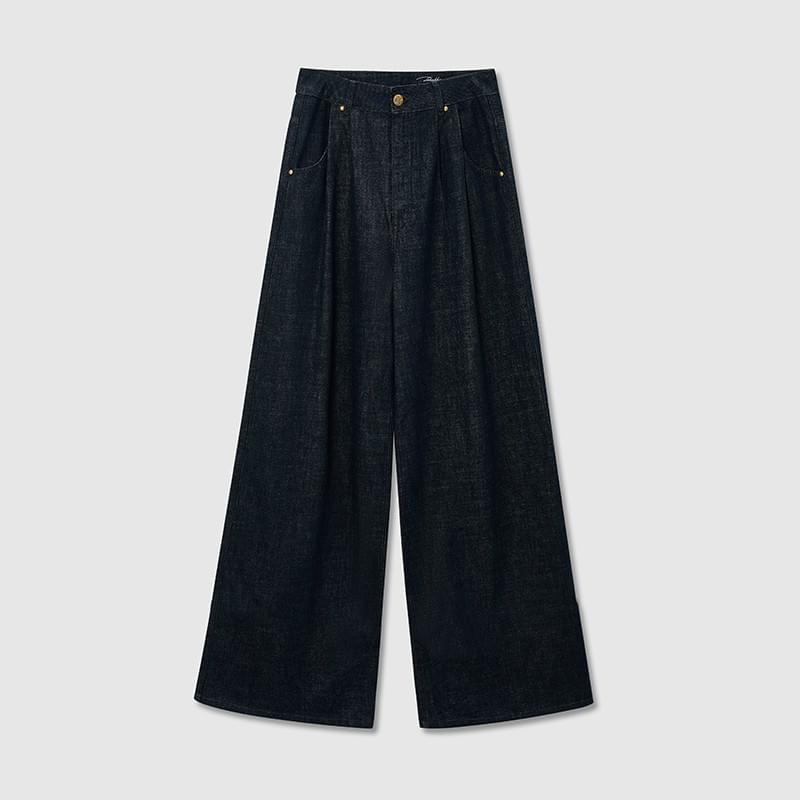 tokokkino* Mid-Rise Pleated Loose Dark Straight Leg Pants