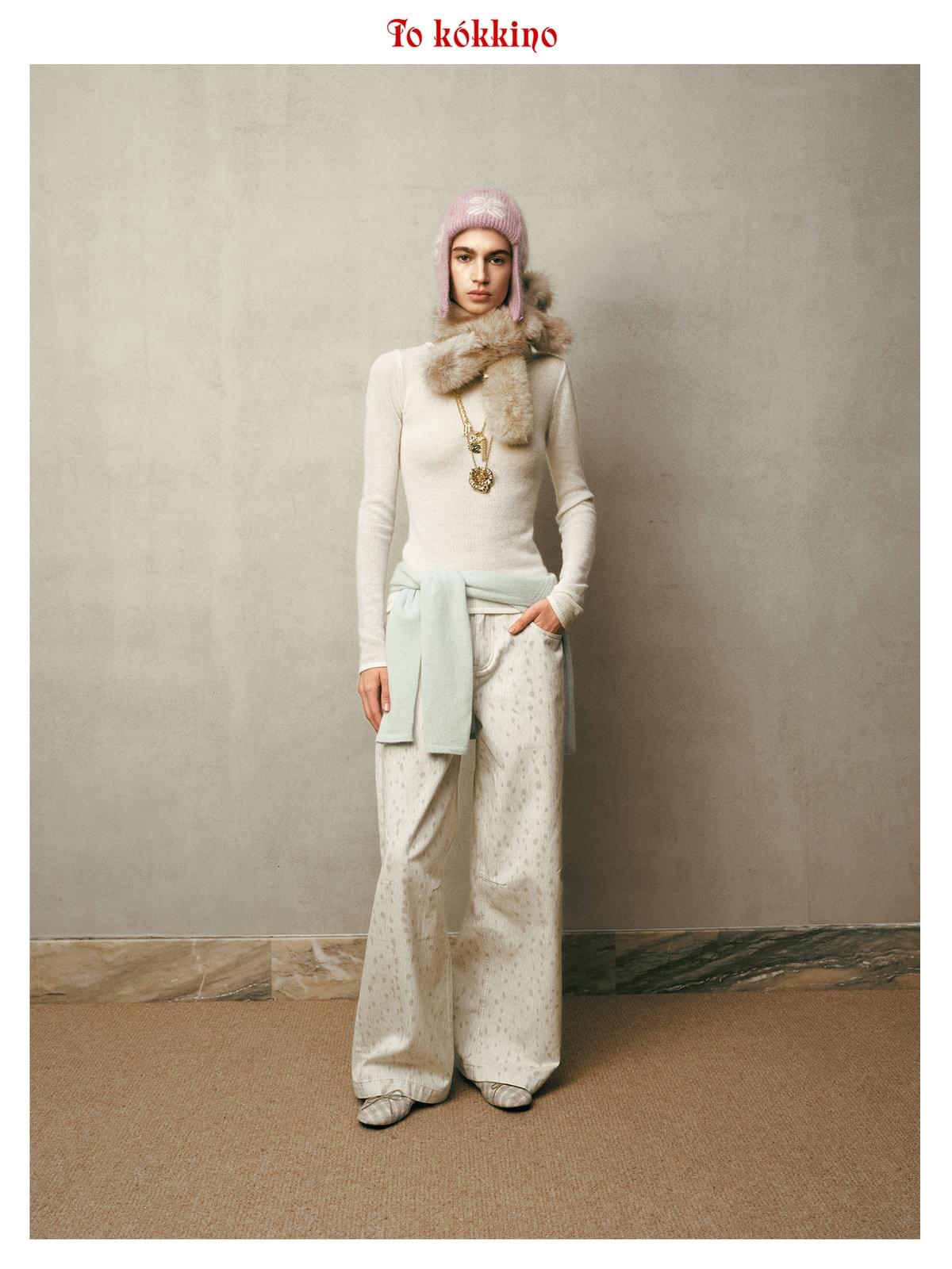 tokokkino* White Plum Blossom Deer Low-Rise Jeans