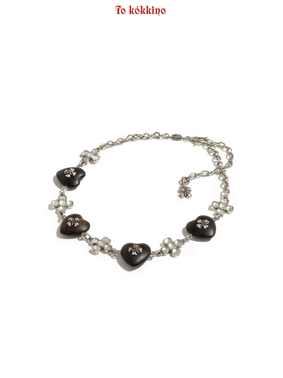 tokokkino*「Wood and Crystal」Purple Gold Ebony Butterfly Flower Short Necklace