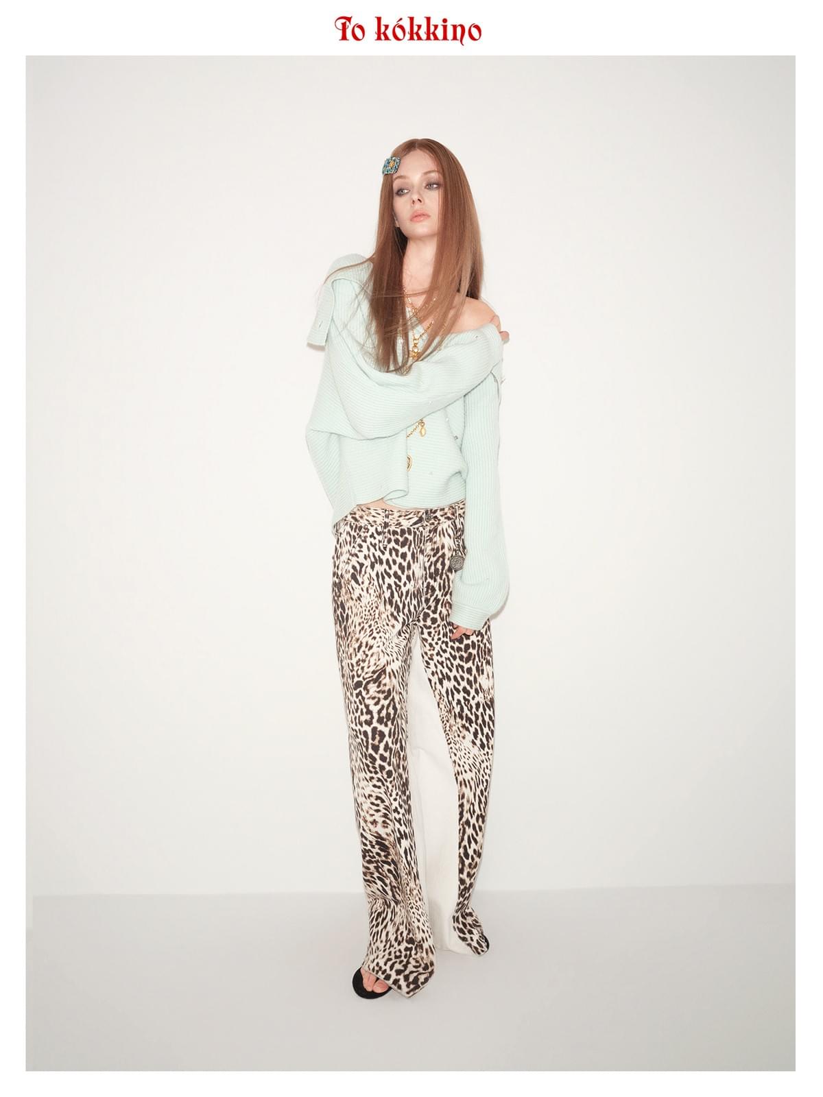 tokokkino*「White Leopard」 Leopard Print Patchwork Straight-leg Pants