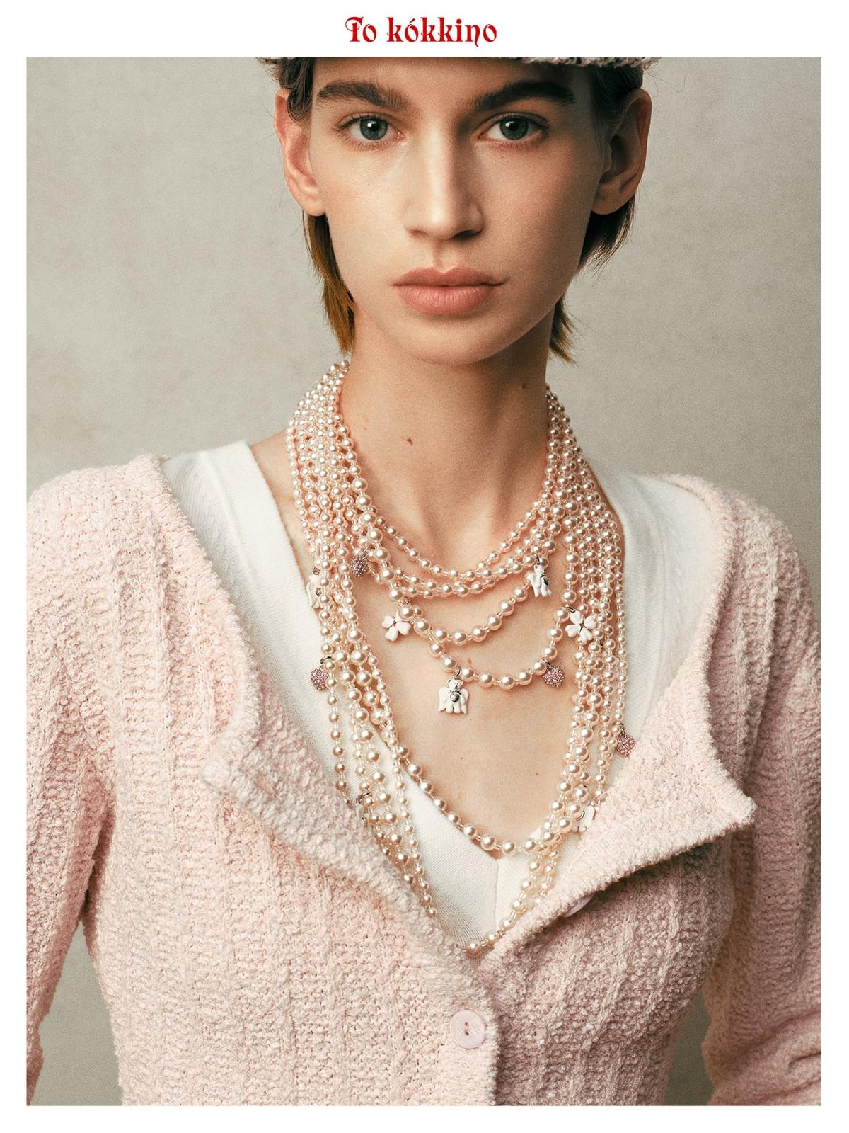 tokokkino* Pink Pearl Bear Heart Large Necklace