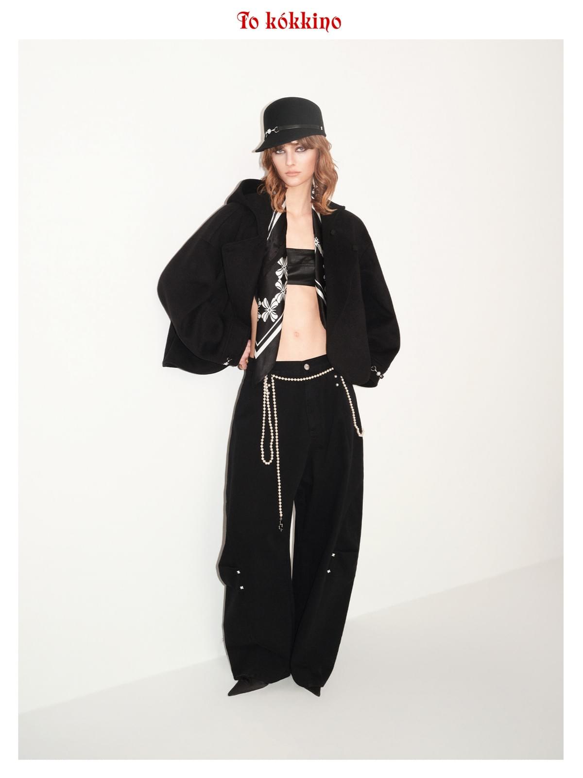 tokokkino*「Black Studs」 Black Stud Hand-stitched Cropped Kick Flare Pants