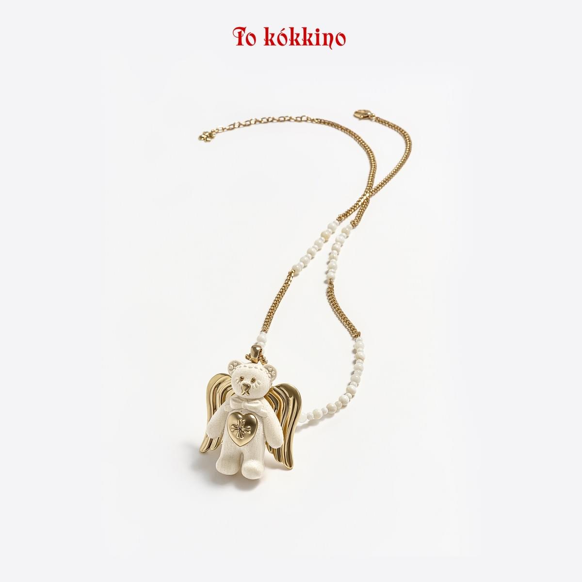 tokokkino* Wooden Angel Pearl Bear Necklace