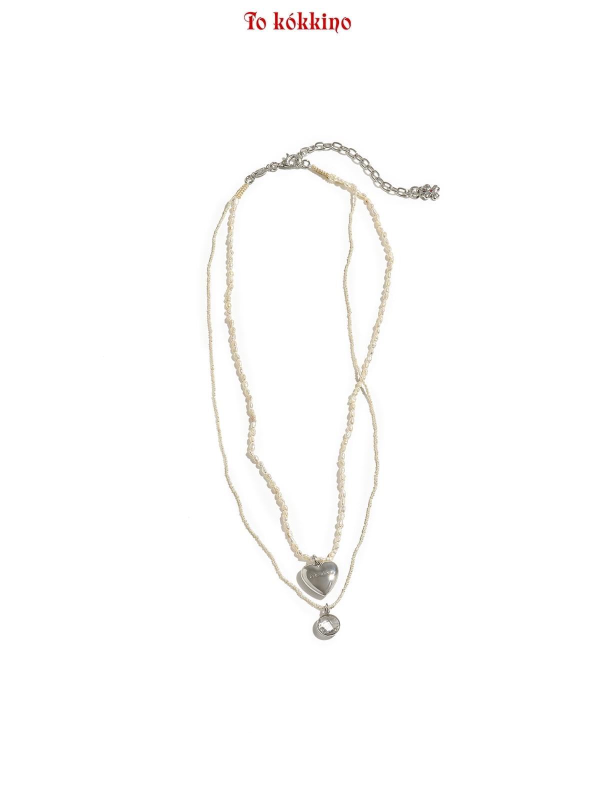 tokokkino*「Double-layered Thoughts」Double-layered Fine Pearl Heart Pendant Necklace