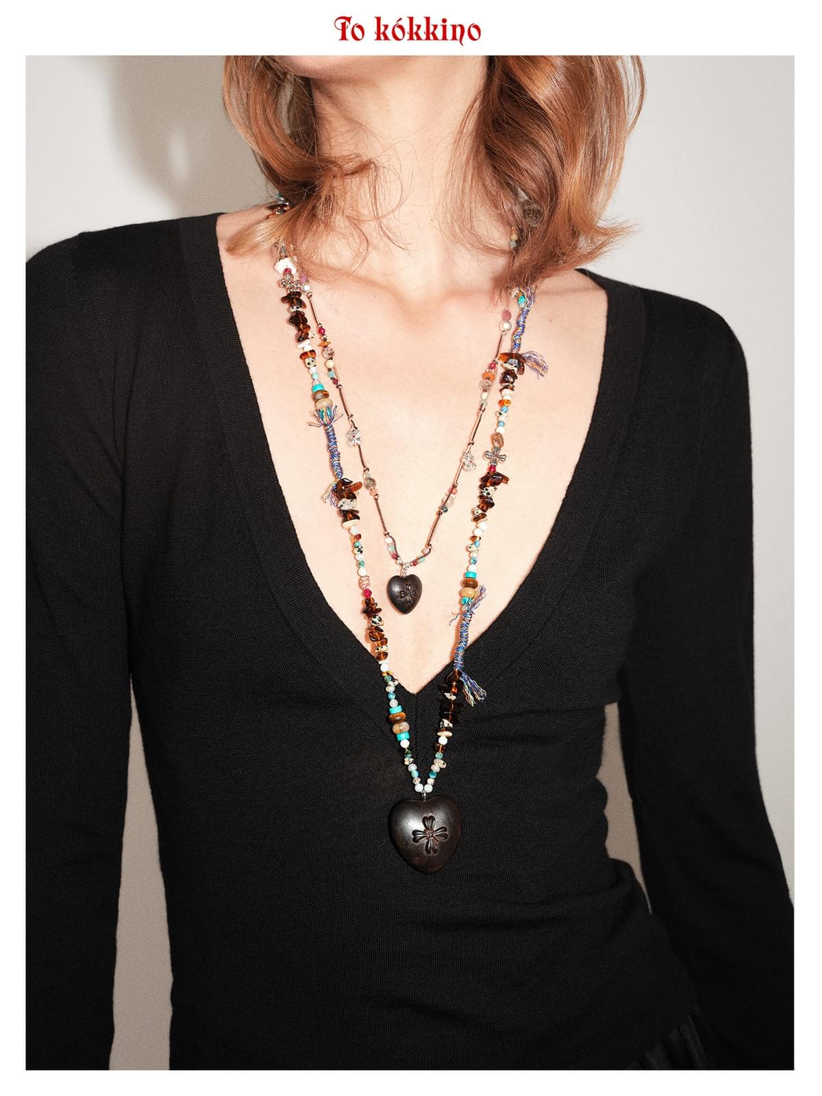 tokokkino*「Untamed」Long Necklace with Red Sandalwood and Gemstones