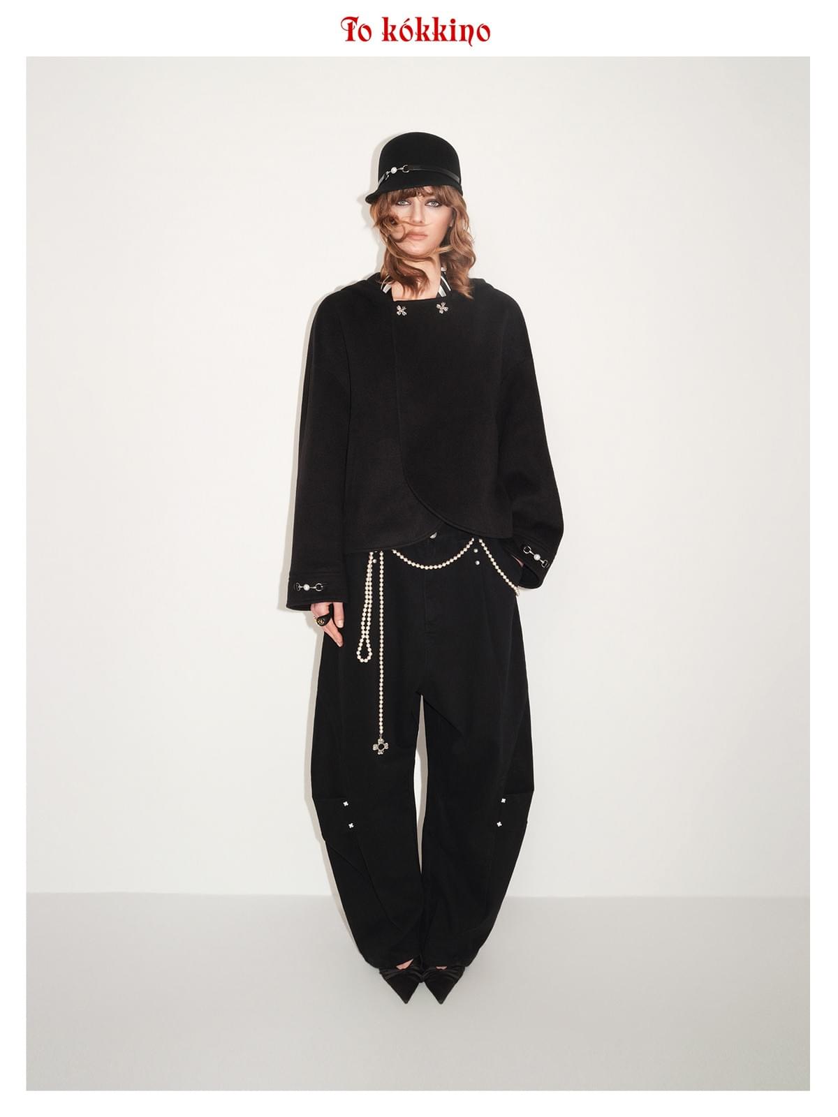 tokokkino*「Black Studs」 Black Stud Hand-stitched Cropped Kick Flare Pants