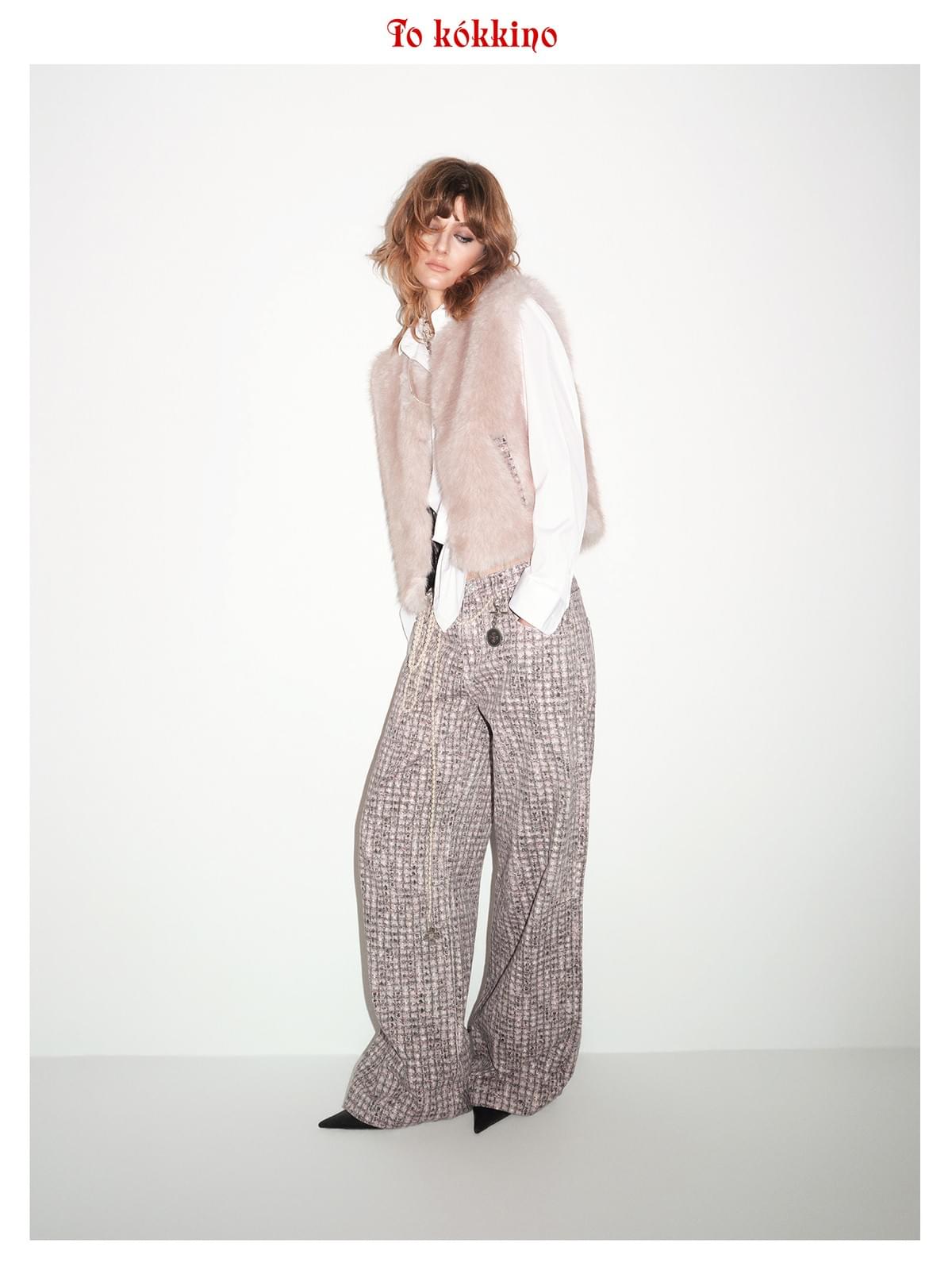 tokokkino*「Soft Check」 Grey-Pink Plaid Low-Waisted Straight-Leg Pants