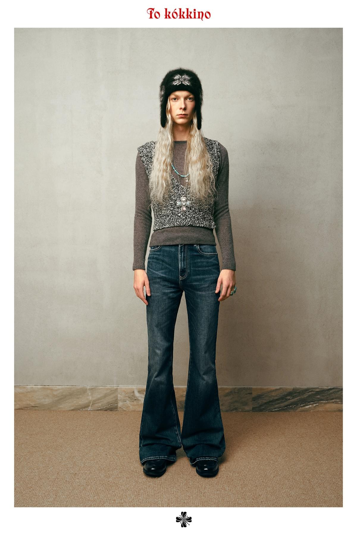 tokokkino* Mid-Rise Pleated Loose Dark Straight Leg Pants