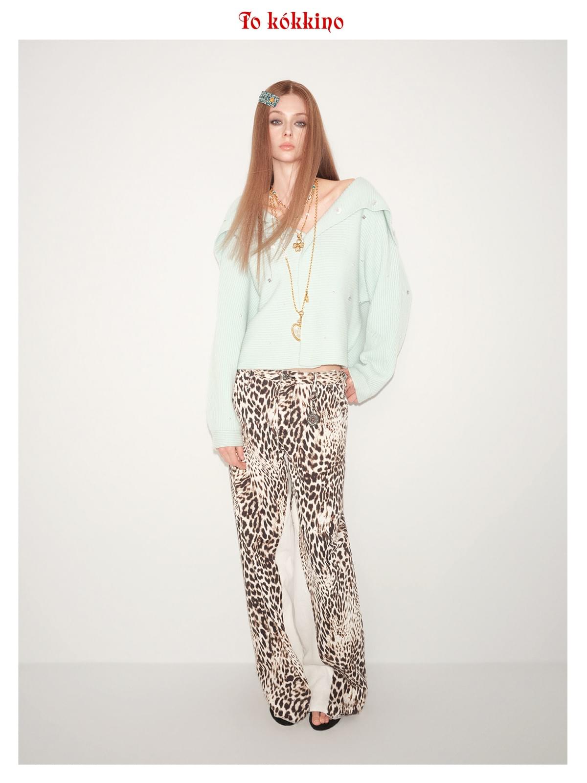 tokokkino*「White Leopard」 Leopard Print Patchwork Straight-leg Pants