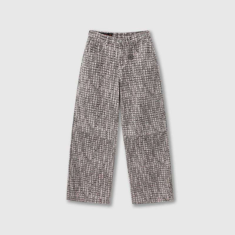 tokokkino*「Soft Check」 Grey-Pink Plaid Low-Waisted Straight-Leg Pants