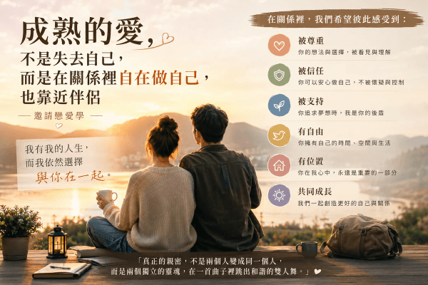 《成熟自我》成熟的愛，不是失去自己，而是在關係裡自在做自己的同時，也靠近伴侶｜邀請戀愛學