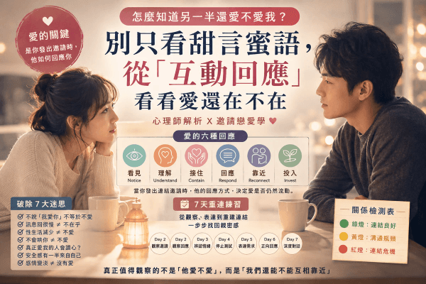 怎麼知道另一半還愛不愛我？心理師解析：別只看甜言蜜語，從「互動回應」看看愛還在不在｜邀請戀愛學