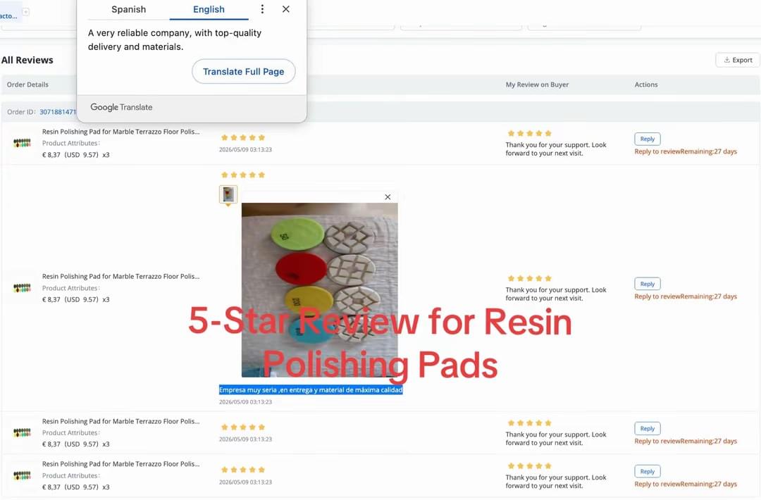 Anonymous 5-star customer feedback for resin polishing pads used in marble and terrazzo wet polishing.