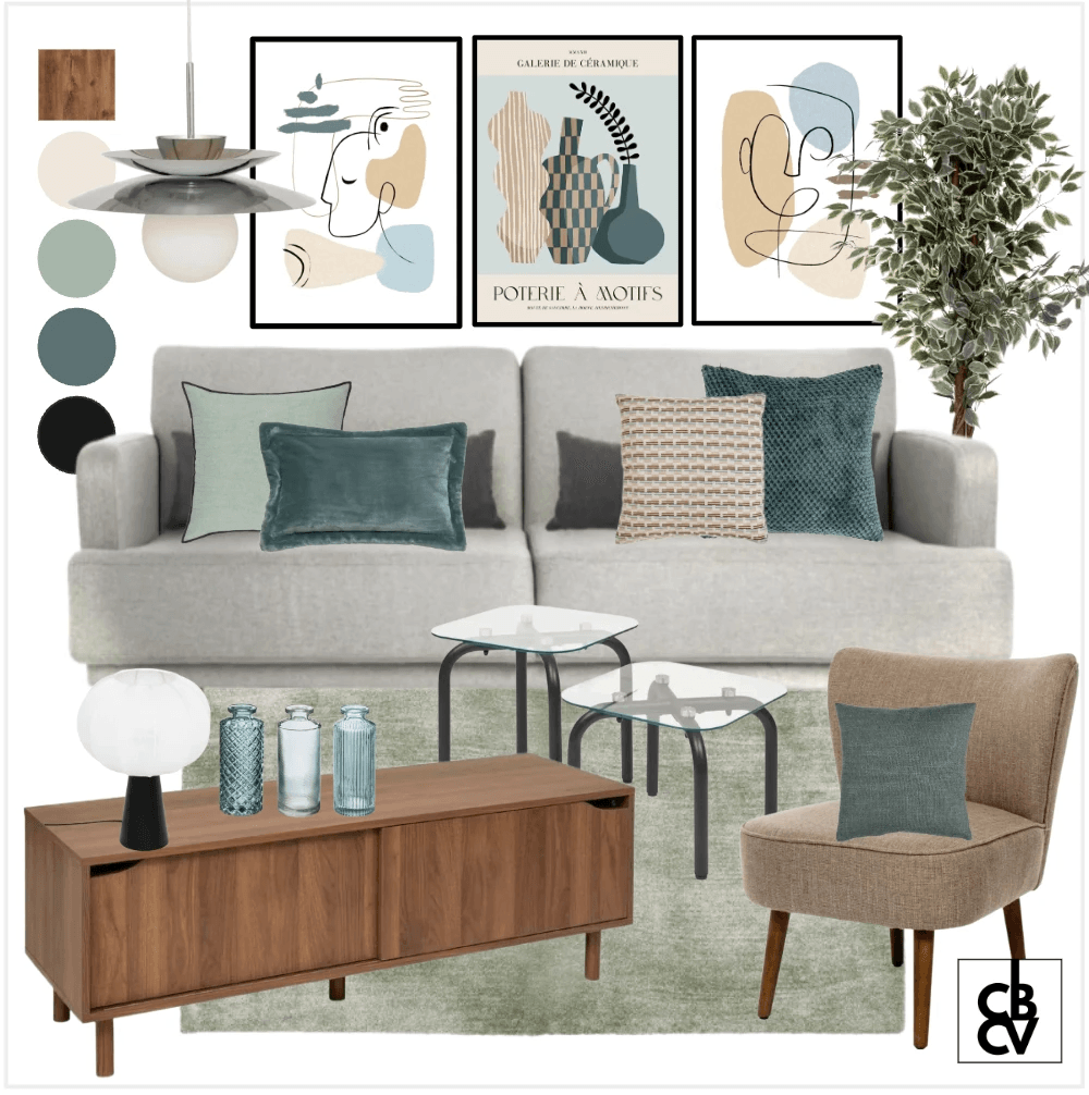 Pack de meubles et décoration classique chic avec un canapé gris, un luminaire doré, et une commode