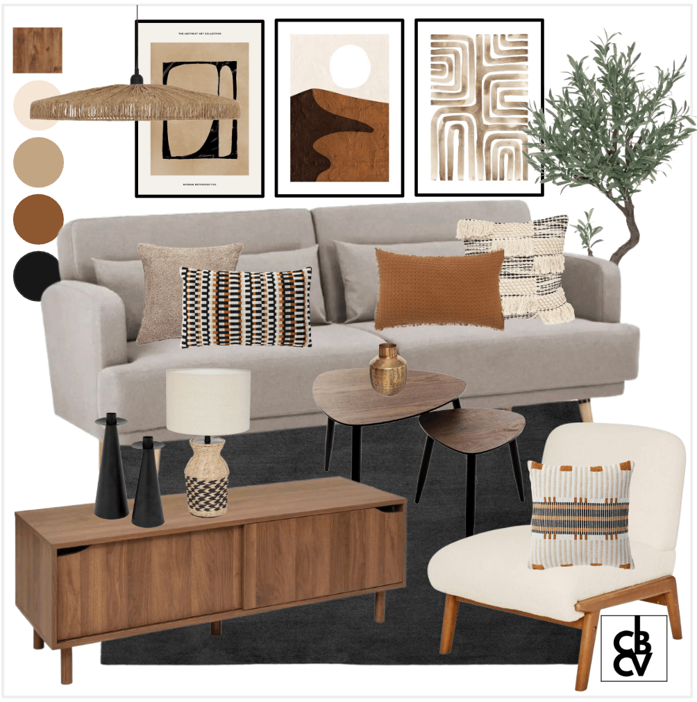 Un pack de meubles design avec un lit et des chevets ainsi que des luminaires