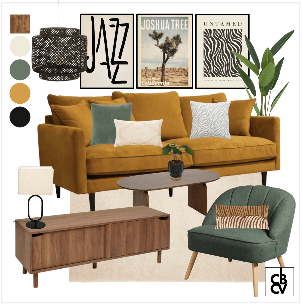 Un pack de mobilier color design avec un canapé bleu, un tapis et une table basse