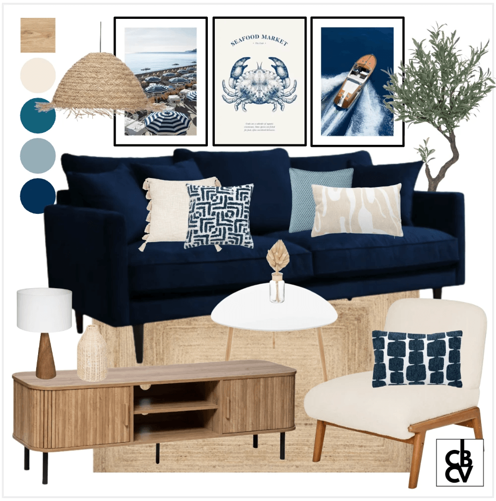 Pack de meubles et décoration classique chic avec un canapé gris, un luminaire doré, et une commode