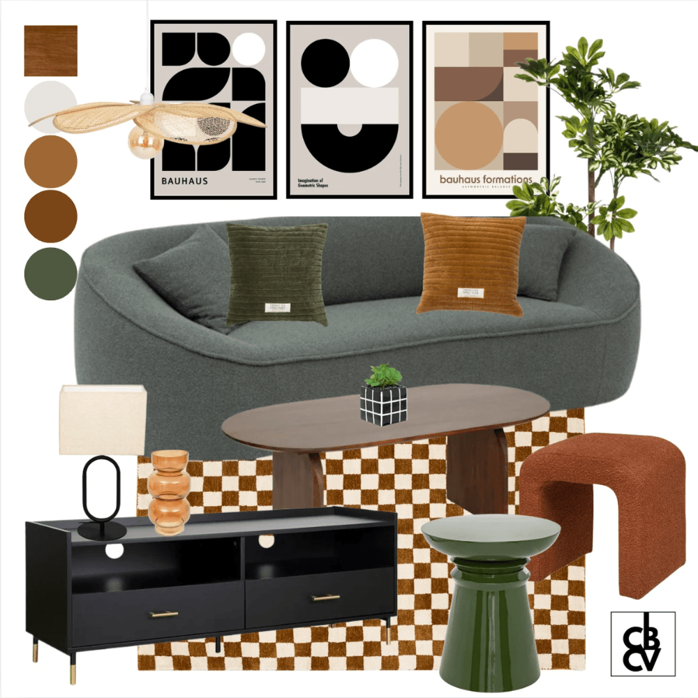 Pack de meubles et décoration classique chic avec un canapé gris, un luminaire doré, et une commode