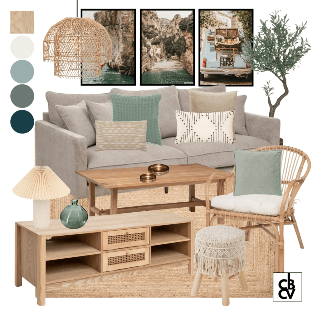 Pack de meubles et décoration classique chic avec un canapé gris, un luminaire doré, et une commode