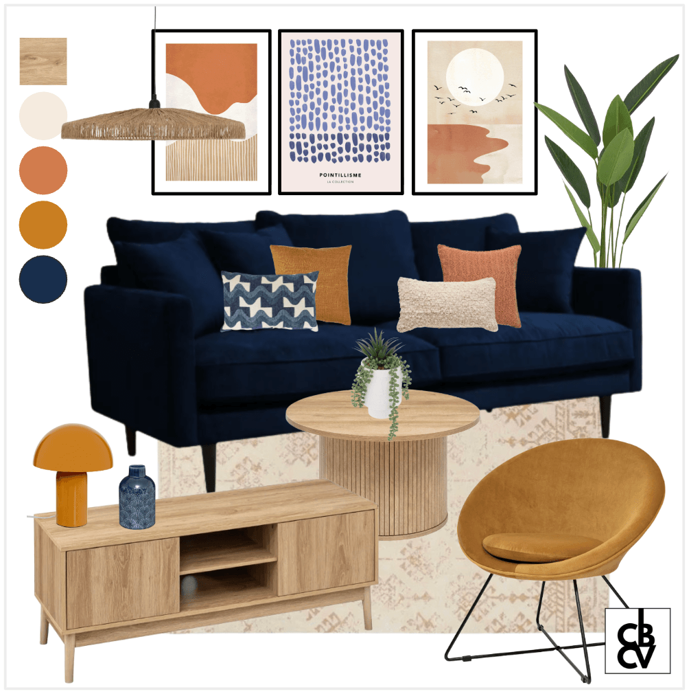 Pack de meubles et décoration classique chic avec un canapé gris, un luminaire doré, et une commode