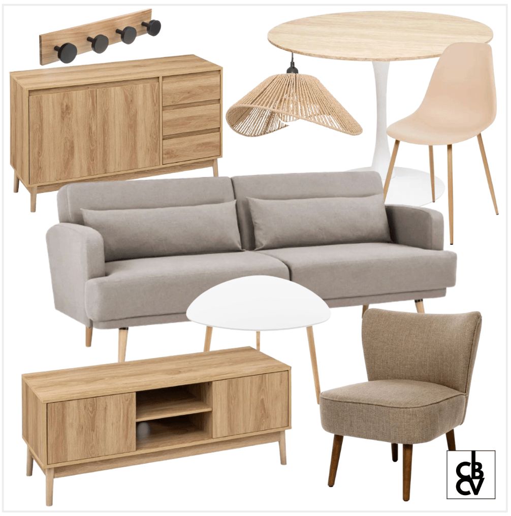 Pack de meubles et décoration classique chic avec un canapé gris, un luminaire doré, et une commode