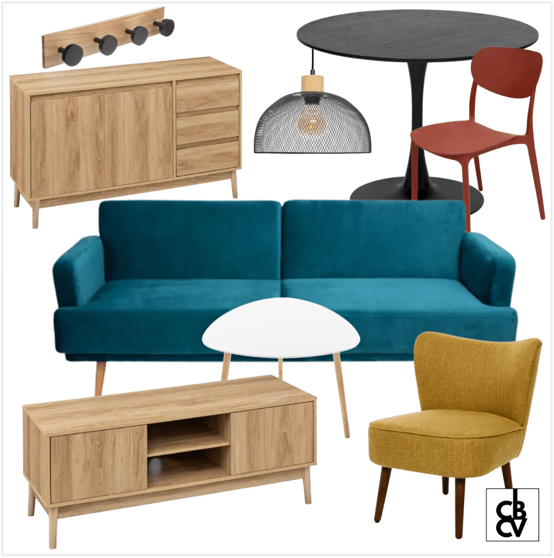Un pack de mobilier color design avec un canapé bleu, un tapis et une table basse