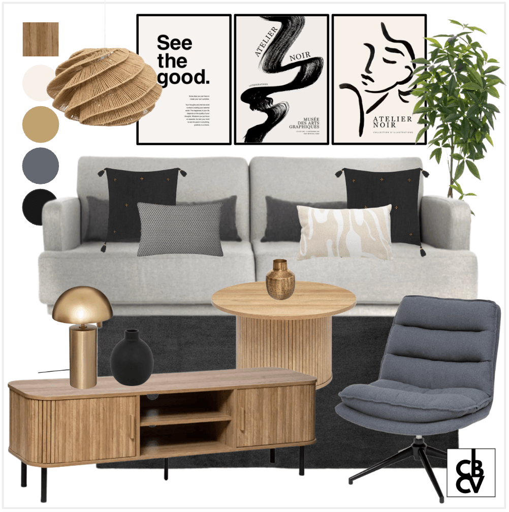 Pack de meubles et décoration classique chic avec un canapé gris, un luminaire doré, et une commode