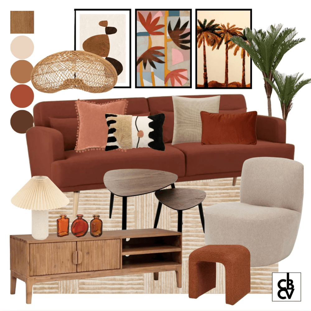 Un pack de mobilier color design avec un canapé bleu, un tapis et une table basse