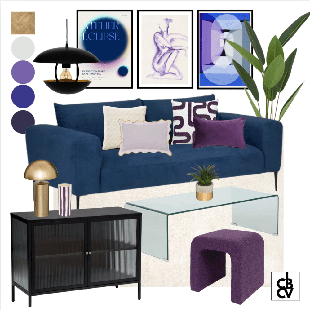 Pack de meubles et décoration classique chic avec un canapé gris, un luminaire doré, et une commode