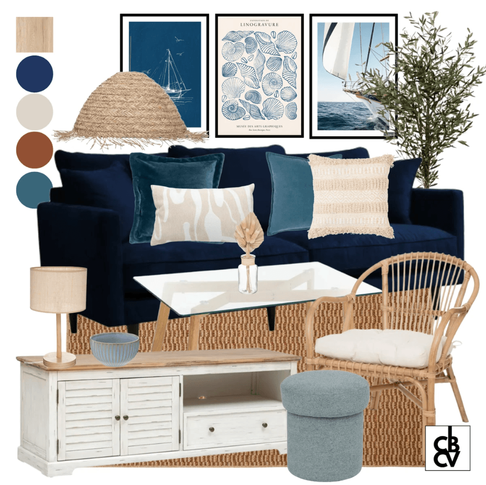 Pack de meubles et décoration classique chic avec un canapé gris, un luminaire doré, et une commode