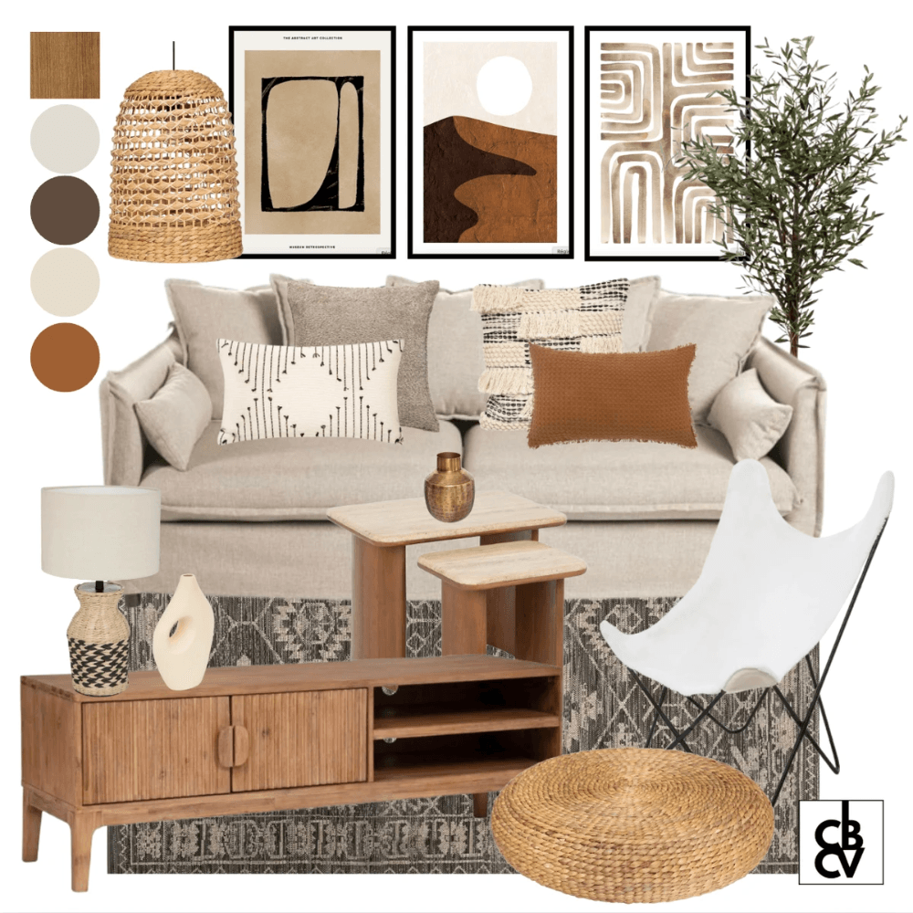 Pack de meubles et décoration classique chic avec un canapé gris, un luminaire doré, et une commode