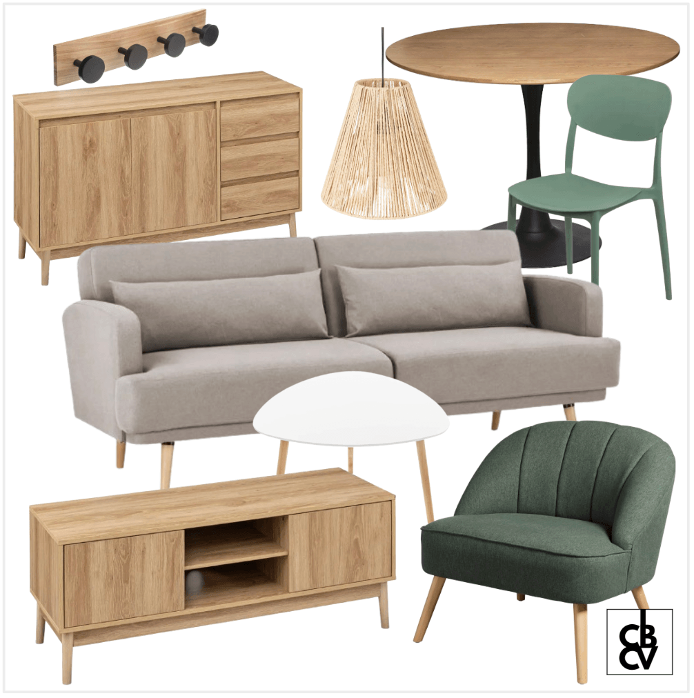 Pack de meubles et décoration classique chic avec un canapé gris, un luminaire doré, et une commode