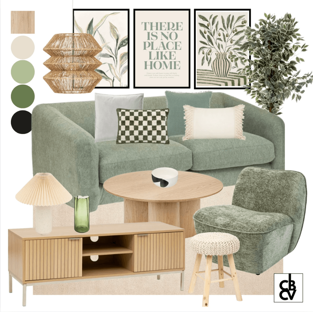 Pack de meubles et décoration classique chic avec un canapé gris, un luminaire doré, et une commode