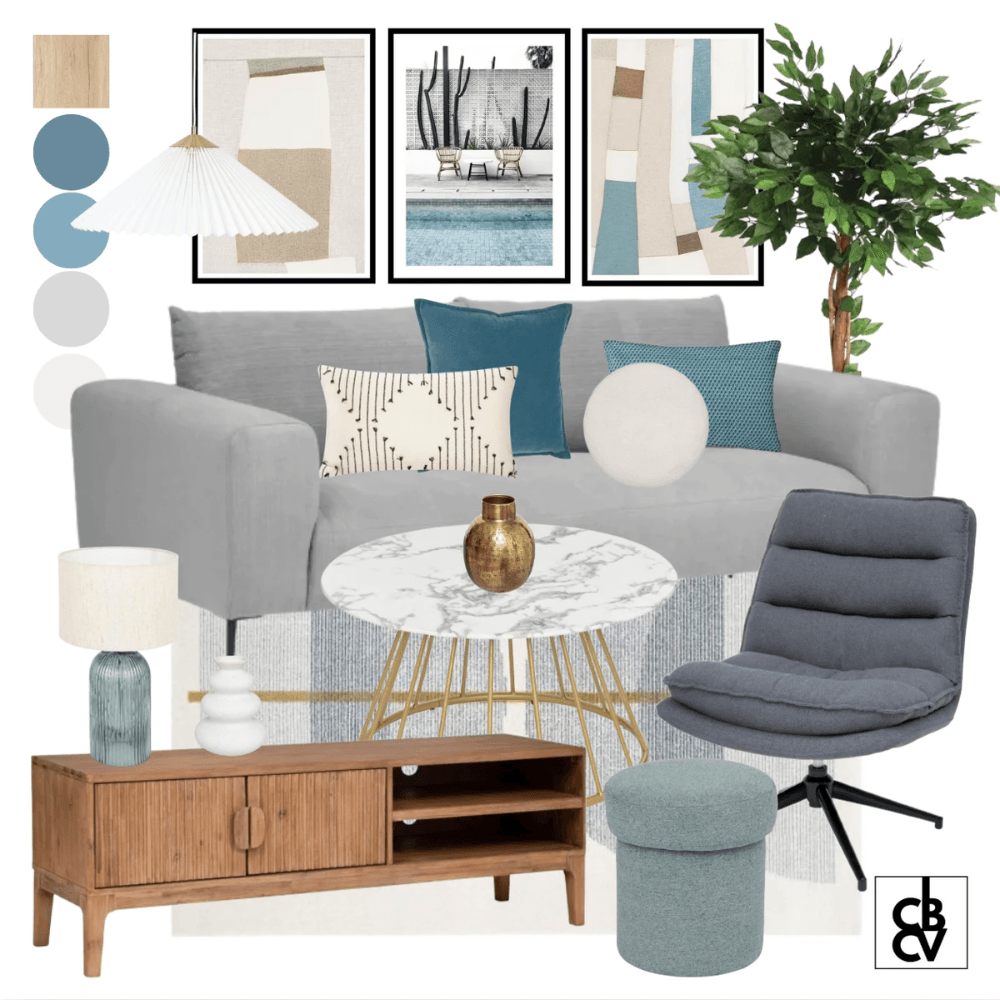 Un pack de meubles design avec un lit et des chevets ainsi que des luminaires