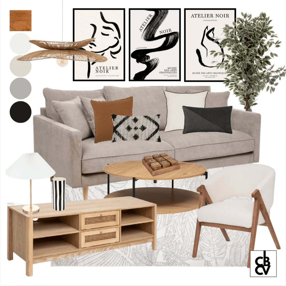 Un pack de meubles design avec un lit et des chevets ainsi que des luminaires