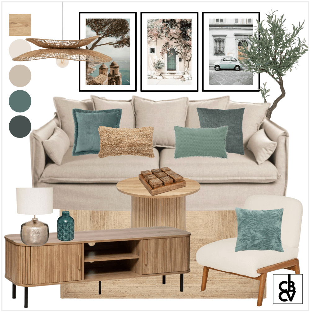 Pack de meubles et décoration classique chic avec un canapé gris, un luminaire doré, et une commode