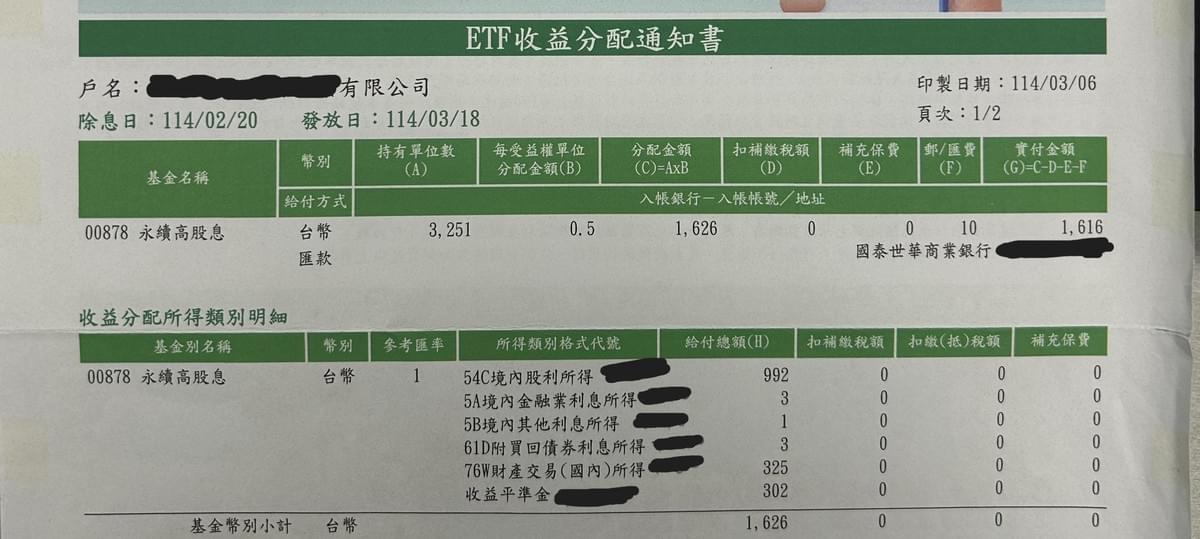 創嶼｜ETF收益分配通知書範例