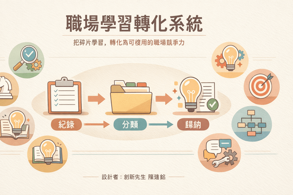 透過《職場學習轉化系統》教你把學習與工作經驗用系統化方法紀錄、分類、歸納，讓日常學習不再浪費時間，而是真正轉化成可用能力與職涯成效，擺脫只學不會的困境。