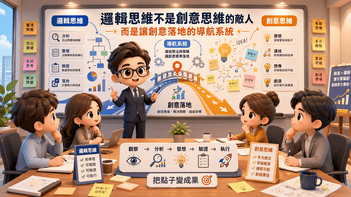 邏輯思維和創意思維有什麼不同？兩者如何合作解決問題？本文用輕鬆有趣的方式說明，如何先用邏輯思維看清問題，再用創意思維找到新解法。