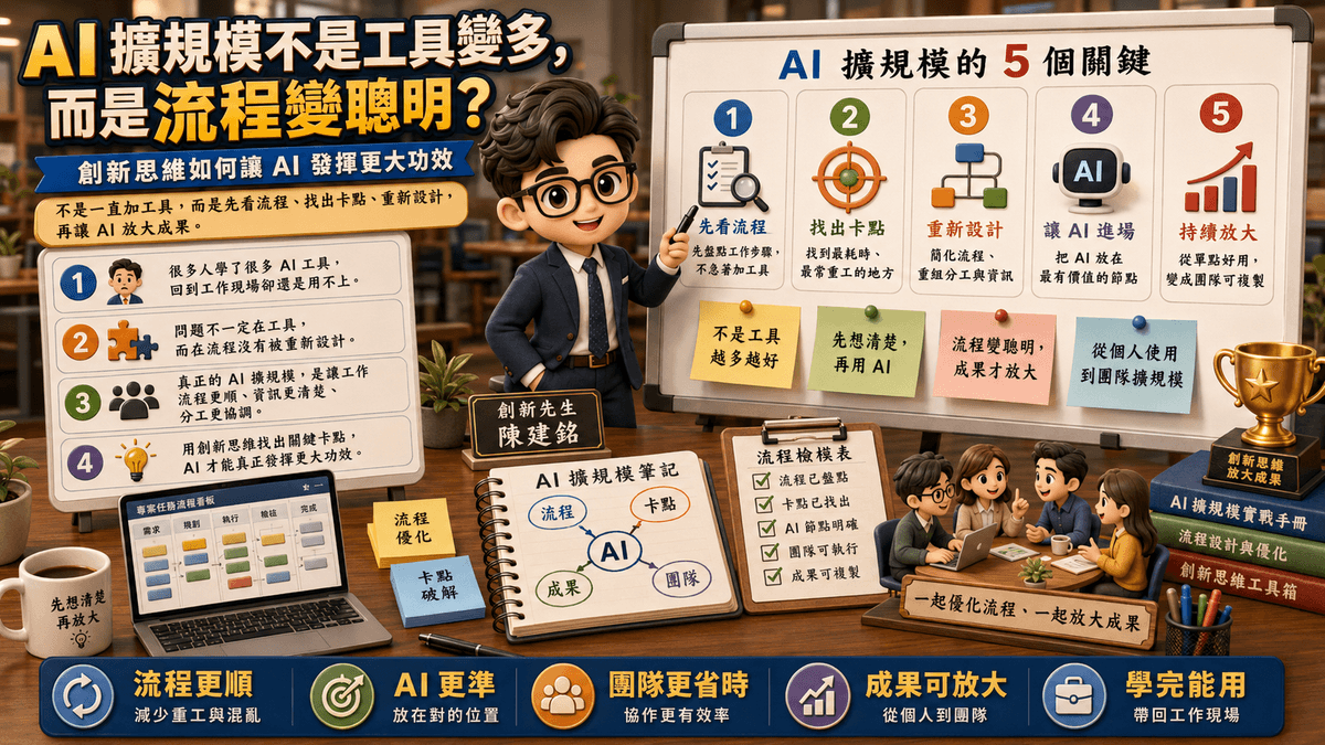 用創新思維找出值得被 AI 放大的流程，讓工具真正變成成長系統。