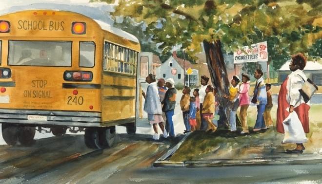 A painting depicting students boarding a schoolbus. A billboard reading "CAR WASH 50 cents. CIGARETTES". An adult mother watching the students board.
