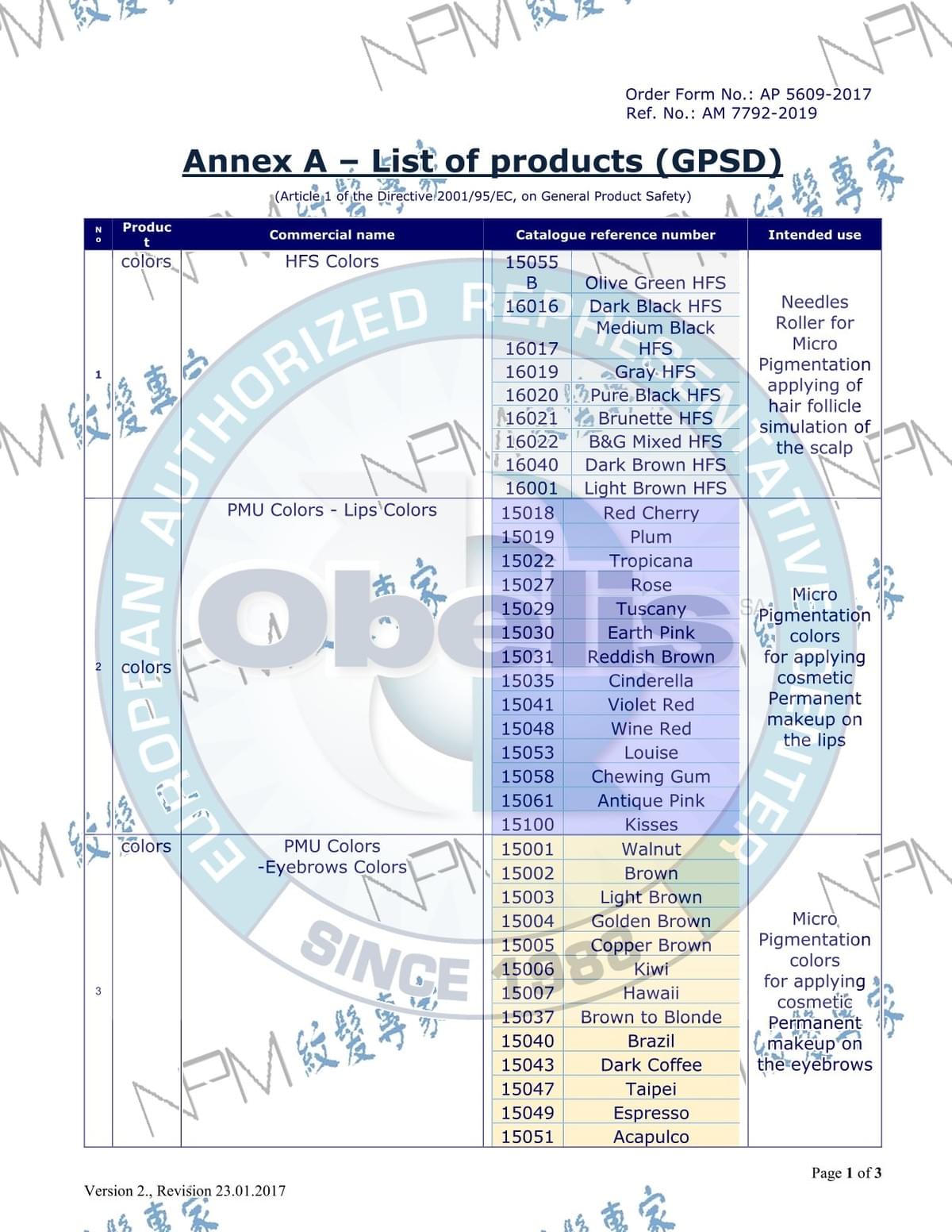 2019年Obelis相關Annex A產品列表，列有NPM HFS色號及頭皮毛囊仿真用途