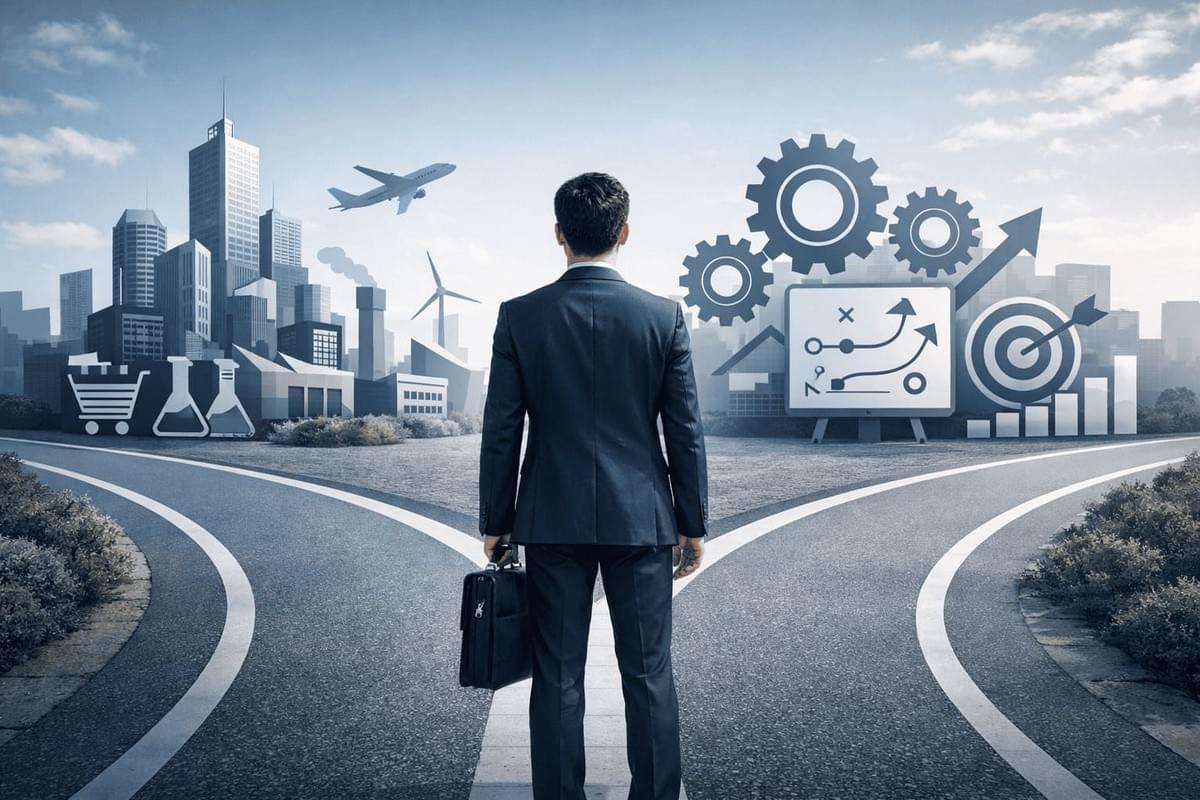 這張圖片是西裝男子站在職涯岔路，背景融合城市與商業圖表，展現跨領域策略與職涯抉擇的思考。