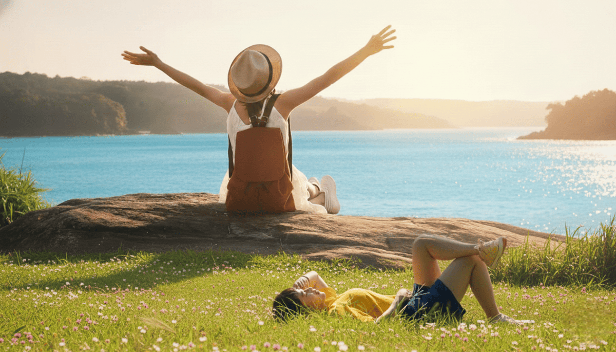 這張圖片融合了自然景觀與數位意象，呈現跨領域的視覺感。畫面中女性在向湖畔伸開雙手，接著躺在草原放鬆，享受午後陽光。