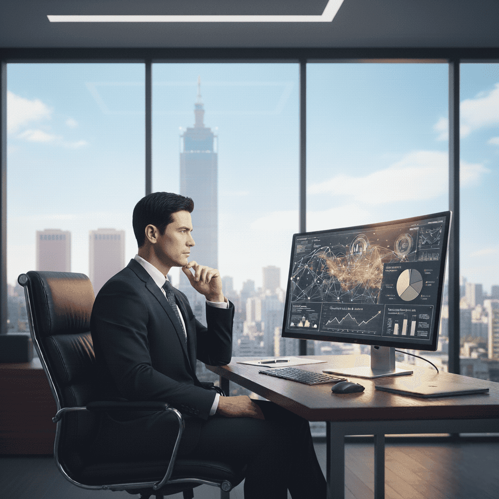 一位神情專注的台灣高階主管坐在充滿現代感的信義區高樓辦公室內，窗外明亮的晨曦照映著城市天際線。他正對著螢幕上的管理圖表沉思，螢幕隱約透出關於『創造顧客價值』與『人才成就』的關鍵字。