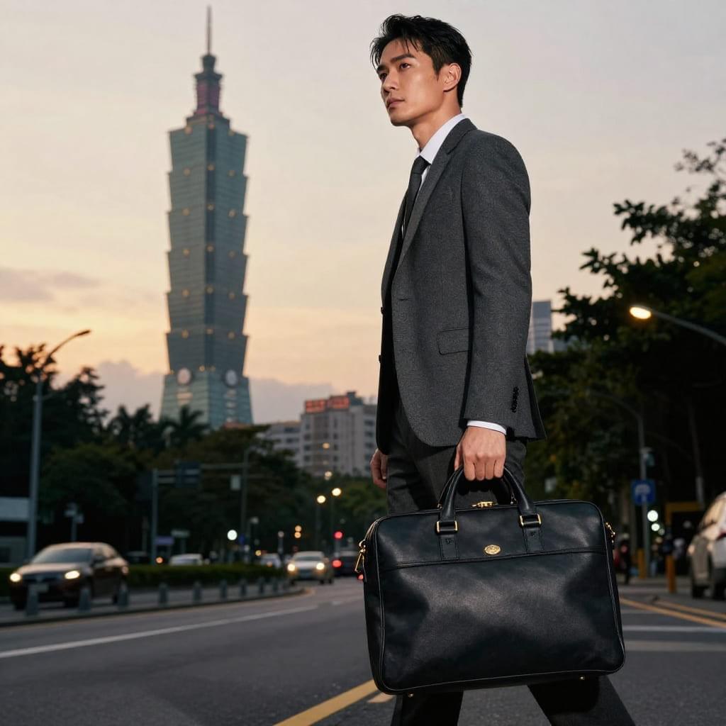 一位眼神堅定的創業男士手提公事包，在大雨初晴的台北 101 街頭昂首闊步，展現追逐夢想的韌性。