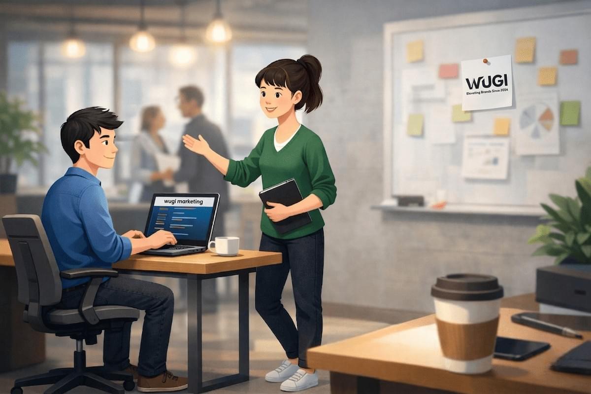 一位穿綠衣的女性導師在充滿便利貼的現代辦公室中，向坐在筆電前工作的男同事親切指導。牆上貼有 WUGI 品牌標誌，螢幕顯示 wugi marketing，展現新創團隊專業且充滿活力的溝通與協作氛圍。