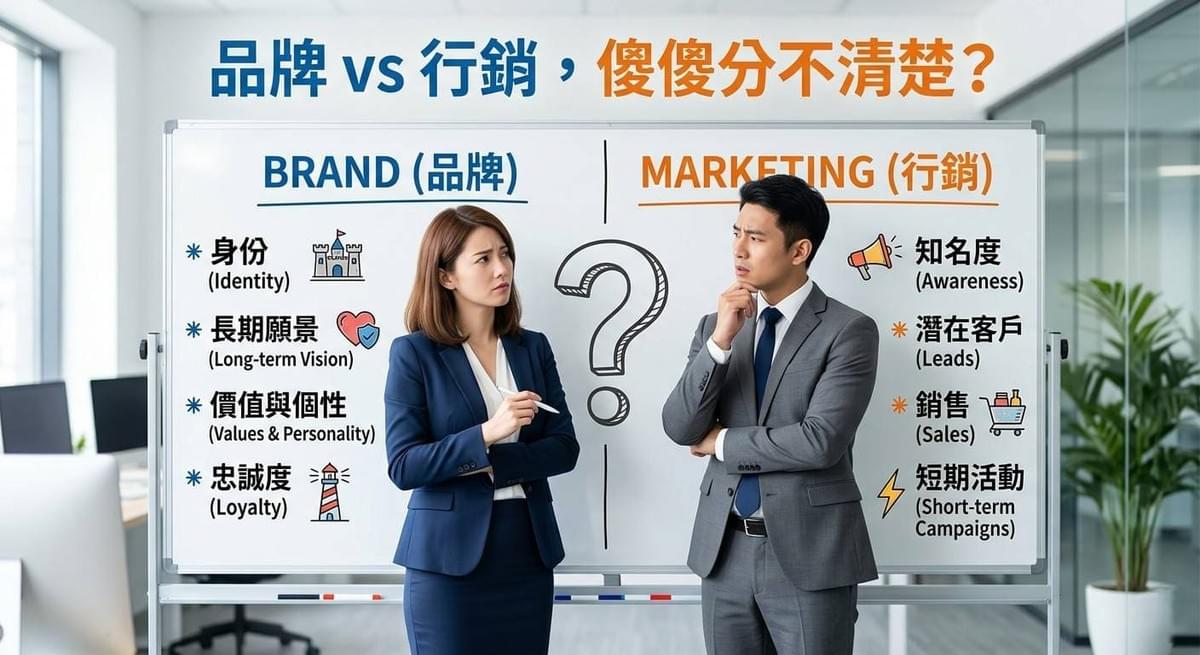 品牌與行銷差異示意圖，對比品牌的身份與價值與行銷的知名度與銷售目標