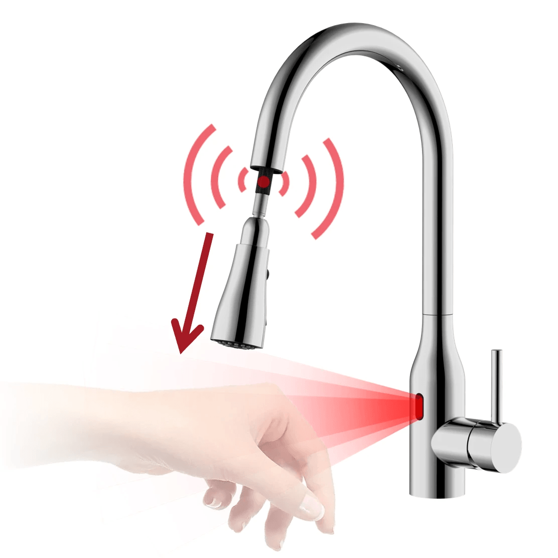 From traditional handle operation to intuitive hands-free control. An infrared sensor enables automatic on/off with a simple wave, while the pull-start sensor activates water flow when the spray head is pulled and stops when released.  Two intuitive triggers in one faucet, enabling seamless switching between touchless and manual operation.